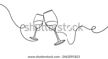 Continuous line champagne cheers one line art, continuous drawing contour. Hands toasting with wine glasses with drinks. Cheers toast festive decoration for holidays. Vector illustration	