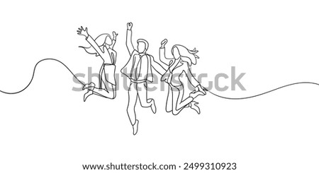 Happy work team continuous line art drawing isolated on white background. 3 Jumping office friends line art. Vector illustration