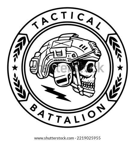 SKULL WITH A MILITARY HELMET BADGE TACTICAL BATTALION BLACK WHITE BACKGROUND