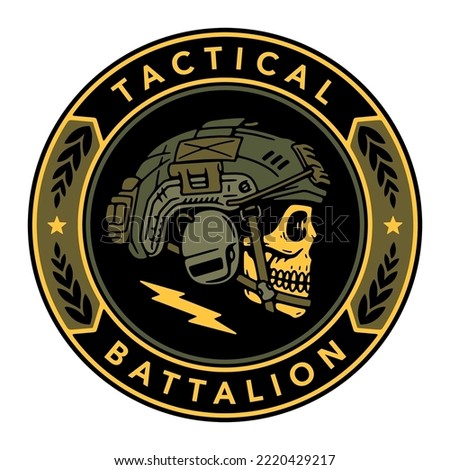 SKULL WITH A MILITARY HELMET BADGE TACTICAL BATTALION COLOR BACKGROUND