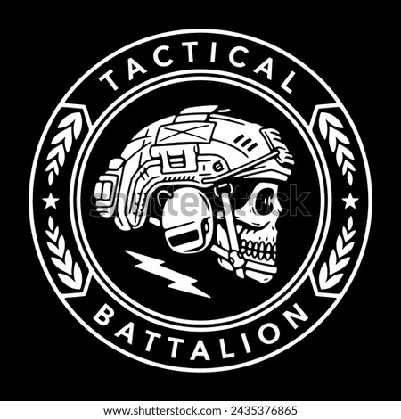 SKULL WITH A MILITARY HELMET BADGE TACTICAL BATTALION WHITE BLACK BACKGROUND