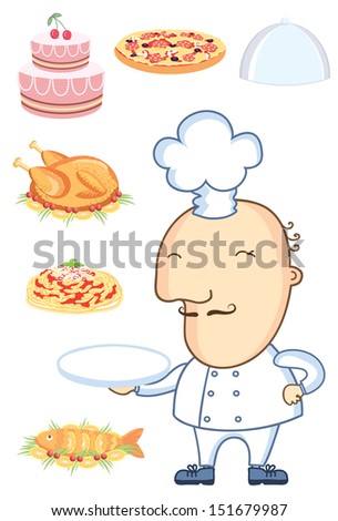 Chef man with food isolated on white for design.Vector dishes for design isolated on white