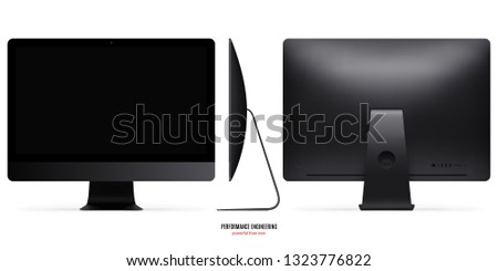 computer monitor with black screen saver and shadow for system unit front, back and side view isolated on white background. realistic and detailed display mockup. stock vector illustration