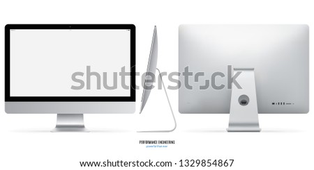 computer monitor silver color with blank screen saver with shadow for system unit back and side view isolated on white background. realistic and detailed display mockup. stock vector illustration