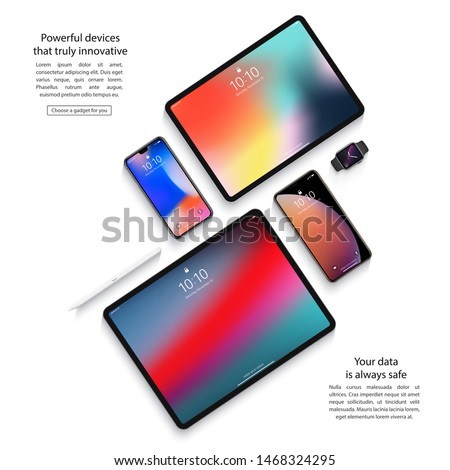 smartphones, tablets, smart watch and stylus set with colorful screen saver top view isolated on white background. realistic and detailed devices mockup. stock vector illustration