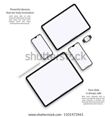 smartphones, tablets, smart watch and stylus set with blank screen saver top view isolated on white background. realistic and detailed devices mockup. stock vector illustration