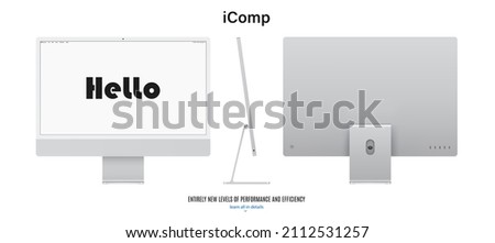 computer monitor silver color with blank screen saver front, back and side view isolated on white background. realistic and detailed mockup of display for system unit. stock vector illustration