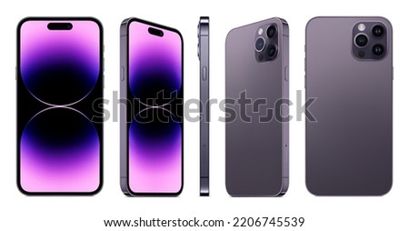 new smartphone frameless purple color with colored screen saver front and backside view isolated on white background. mockup of realistic new mobile phone with shadow. vector 3d isometric illustration