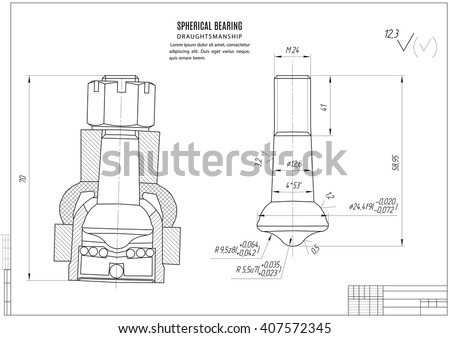 technical drawing of the spherical bearing, construction project with horizontal frame isolated on the white background. stock vector illustration