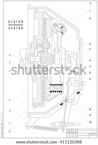 technical drawing of the car clutch in lengthwise cut, construction project or draft with vertical frame isolated on the white background. stock vector illustration