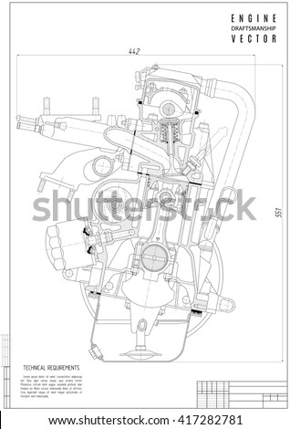 technical drawing of the internal combustion engine in cross-sectional view, construction project or plan with vertical frame isolated on the white background. stock vector illustration