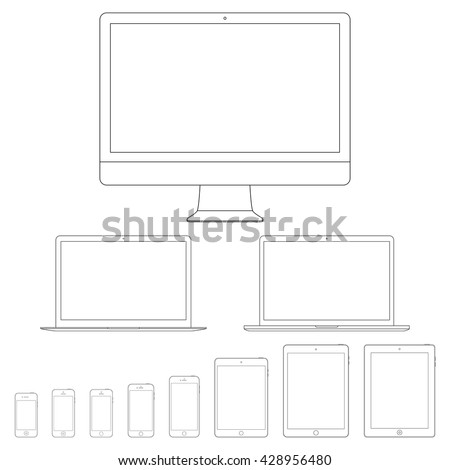 smartphones, tablets, computer monitor and laptops icon in outline design isolated on white background. devices and gadgets set in thin line style. stock vector illustration