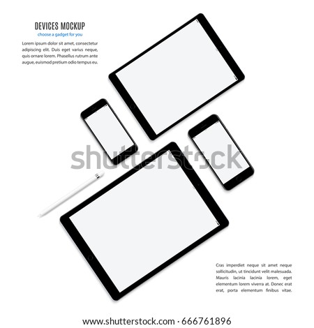 smartphones, tablets and stylus set black color with blank screen saver top view isolated on white background. realistic and detailed devices mockup. stock vector illustration