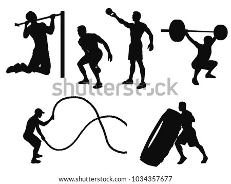 Silhouettes of man working out and crossfit training with different equipment isolated on white.