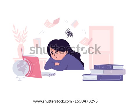 Tired female student having stress before an exam. Stressful situation in learning and education process. Hard time in getting high score at university tests. Procrastination while writing the thesis.