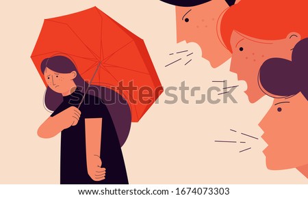 Victim blaming concept vector illustration with a girl trying to hide from her offenders under an umbrella. Stockfoto © 