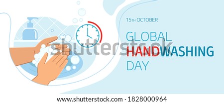 Global handwashing day - October 15th - horizontal banner template. Person washing hands in sink carefully with soap foam from dispenser for 20-30 seconds to prevent infections including coronavirus