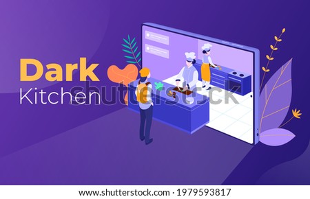 Dark kitchen banner with cooks and the customer, waiting for his order. Modern solutions to pressing problems, caused by the covid-19 pandemic. Saving time and money using delivery and pickup services