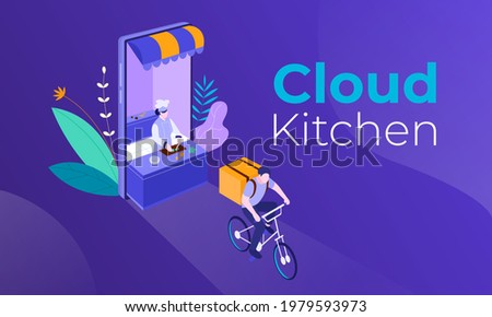 Cloud kitchen horizontal banner with a cook and courier hurrying to deliver the order. Modern solutions to pressing problems, caused by the covid-19 pandemic. Virtual restaurants and dark kitchen.