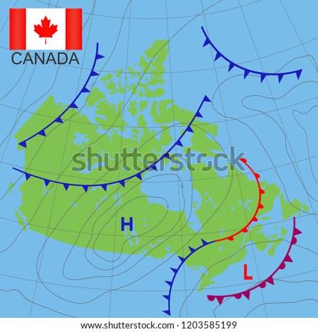 Canada. Realistic synoptic map of the Canada showing isobars and weather fronts. Meteorological forecast.  Map country with national flag. Vector illustration. EPS 10