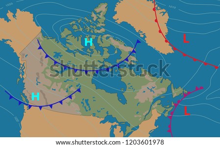Canada. Canada bordered by USA and Alaska. Weather map of the country. Meteorological forecast. Editable vector illustration of a generic map showing isobars and weather fronts. EPS 10 