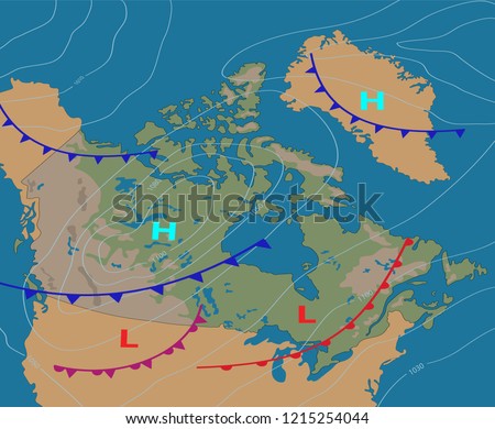 Weather map of the Canada. Realistic synoptic map of the  country showing isobars and weather fronts.Canada bordered by USA and Alaska. Meteorological forecast. Vector illustration. EPS 10