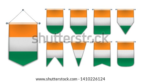 Set of hanging flags of the Cote d'Ivoire with textile texture. Diversity shapes of the national flag country. Vertical Template Pennant for background, travel banner, web, logo,award,achievement, fes