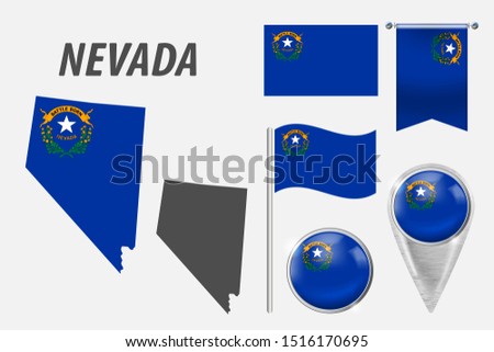 NEVADA. Set of national infographics elements with various flags, detailed maps, pointer, button and different shapes badges. Patriotic 3d symbols for Sport, Patriotic, Travel, Design, Template.