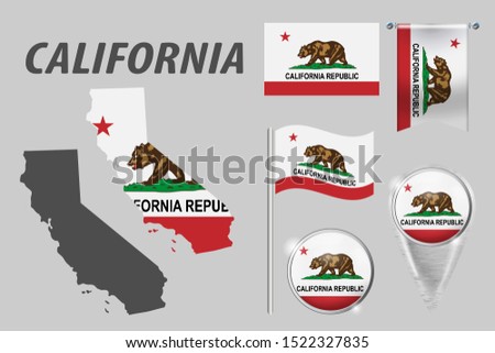 CALIFORNIA. Set of national infographics elements with various flags, detailed maps, pointer, button and different shapes badges. Patriotic 3d symbols for Sport, Patriotic, Travel, Design, Template.