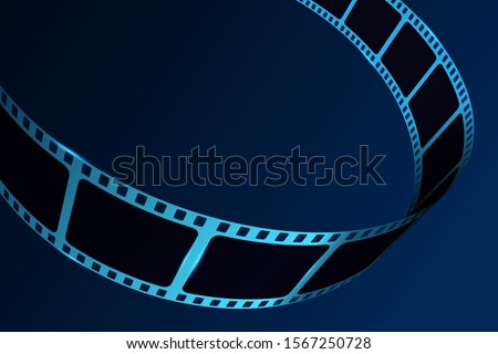 Realistic 3D cinema film strip in perspective. Film reel frame isolated on blue background. Vector template cinema festival with place for text. Movie design for brochure, poster, banner or flyer. EPS