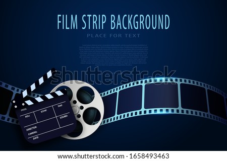 3D Film reel, clapper board and twisted cinema strip isolated on blue background. Movie poster template with sample text for cinema design. Cinematography concept. 3d movie flyer or poster. Vector