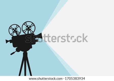 Silhouette of vintage cinema projector on a tripod. Cinema background. Movie festival template for banner, flyer, poster or tickets. Old film projector with place for your text. Movie time concept.