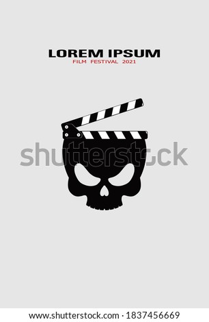 Template for festival horror movie. Zombie skull with clapper. Horror movie logo template, icon, symbol. Film design for banner, flyer, ticket. Scary cinema. Horror film night. Halloween film concept.