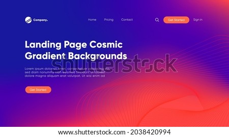 Landing page Abstract wave curve backdrop. Glowing cosmic effect on dark blue background. 