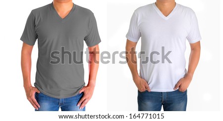 close up of man in blank V-neck short sleeve white gray t-shirt