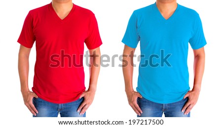 close up of man in blank V-neck short sleeve red sky blue t-shirt