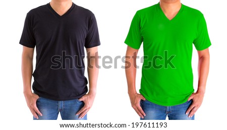 close up of man in blank V-neck short sleeve black green t-shirt