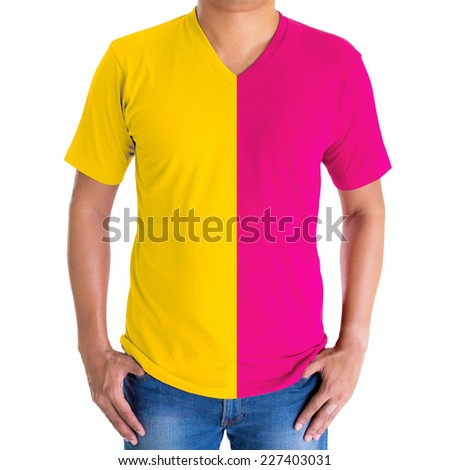 close up of man in blank V-neck short sleeve pink yellow t-shirt