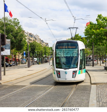 PARIS, FRANCE 2 JUNE 2014-- The tramway line T3 opened in Paris in December 2006. Managed by the RATP, it follows the Boulevards des Marechaux, encircling Paris.