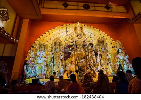 KOLKATA , INDIA - OCTOBER 12, 2013 : Durga Puja festival celebration. It is the biggest religious festival of Hinduism and local Bengali community.