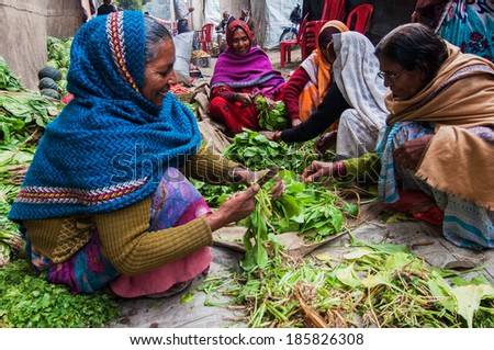 KOLKATA , INDIA - JANUARY 12, 2014 : Rural Indian women cutting vegetables at Babughat transit camp. Every year devotees from all over India visits Gangasagar and stays at Babughat in transit.