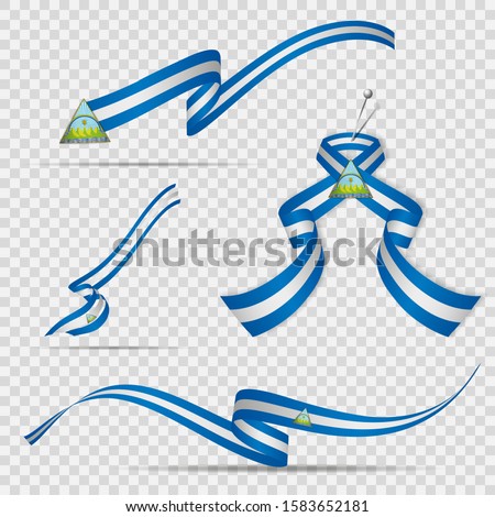 Flag of Nicaragua. 15th of September. Set of realistic wavy ribbons in colors of nicaraguan flag on transparent background. Coat of arms. Independence day. National symbol. Vector illustration.
