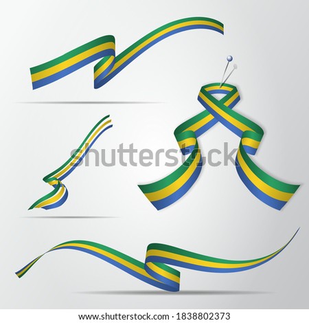 Flag of Gabon. 17th of August. Set of realistic wavy ribbons in colors of gabonese flag. Independence day. National symbol. Vector illustration. EPS10