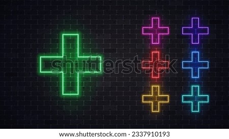 Neon medical cross sign. Medical symbol set. Vector illustration