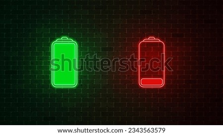 Battery neon sign. Charger glowing icon. Full battery and low battery. Vector illustration