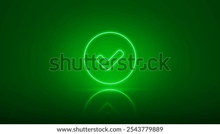 Glowing green neon Checkmark. Checkmark web button for vote. 
Bright check tik icon. Check mark sign. Vector illustration