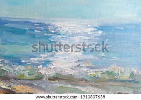 Abstract blue sea background with oil paint. Summer art background. Natural light blue texture of the waves. Impressionism in painting. Marine etude. Macrophotography of paint strokes.Contemporary Art