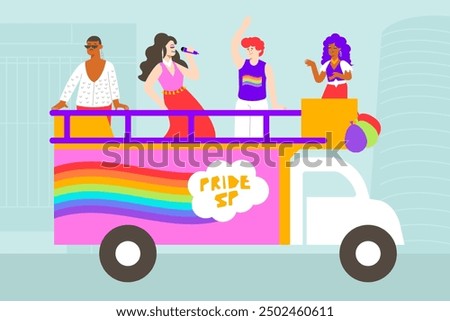 Illustration of a colorful electric trio in São Paulo's Pride Parade: people on top, surrounded by rainbow colors, and a lively celebration of LGBTQ+ unity.