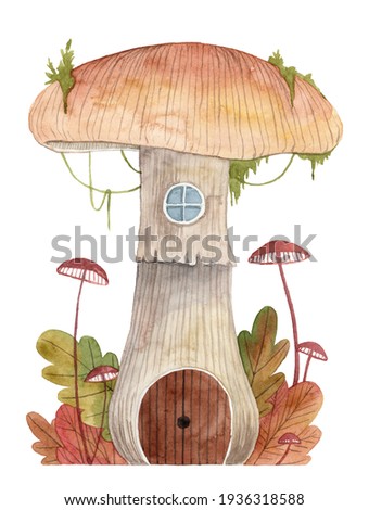 Watercolor illustration of mushrooms house. Fairytale fungi