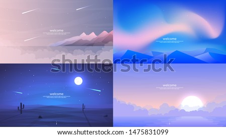 Vector backgrounds. Minimalist style. Flat concept. 4 landscapes collection. Mountains by the water, aurora in the Arctic, a night desert with a brightly shining moon, sunrise over water in the fog